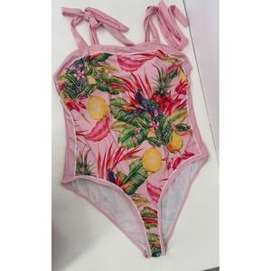 Pink Tropical Print One Piece Swimsuit Tie Shoulder High Cut Bodysuit Sz 4XL